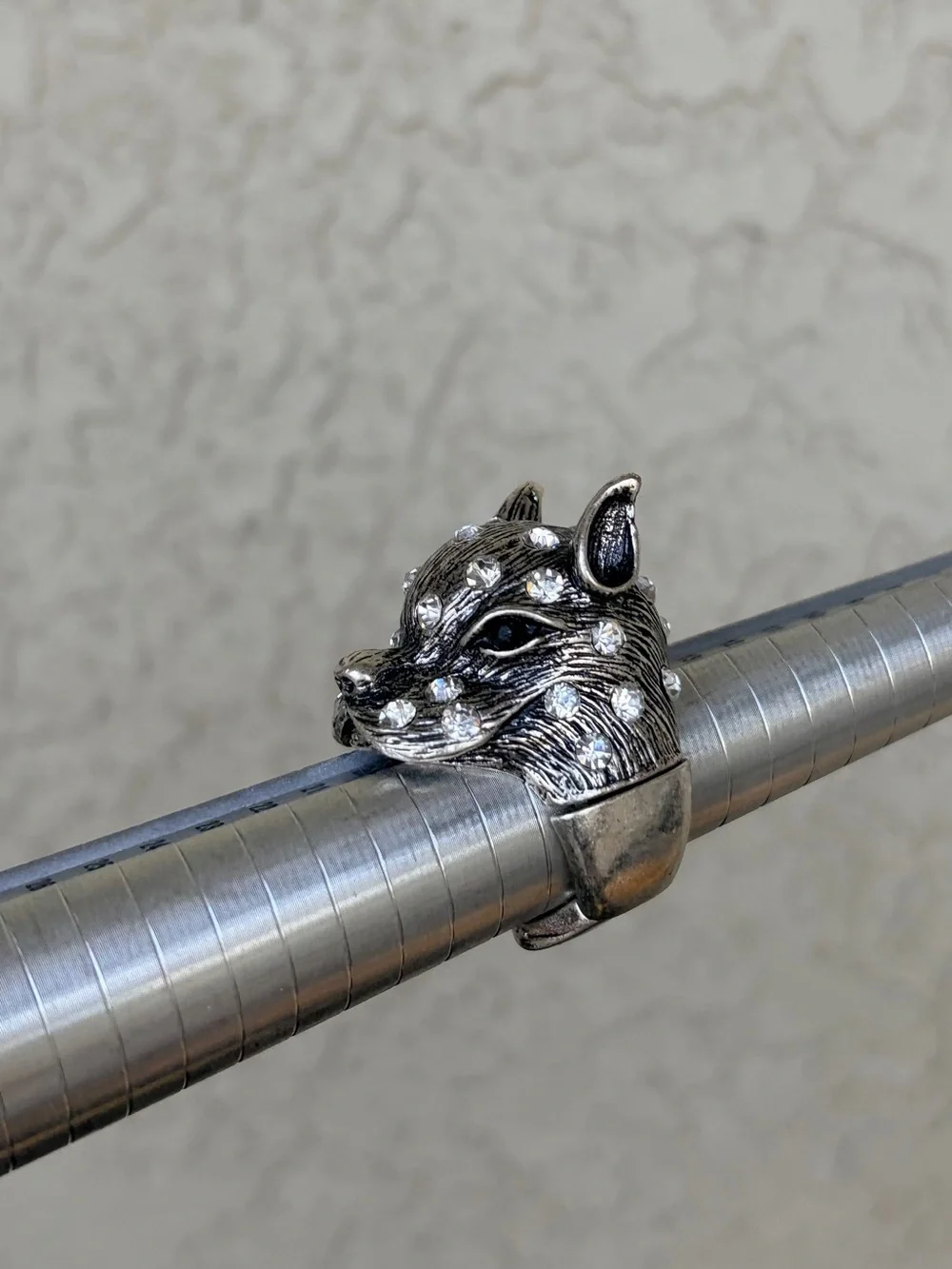 Novelty Silver-tone Dog Head Ring with Clear Rhinestones